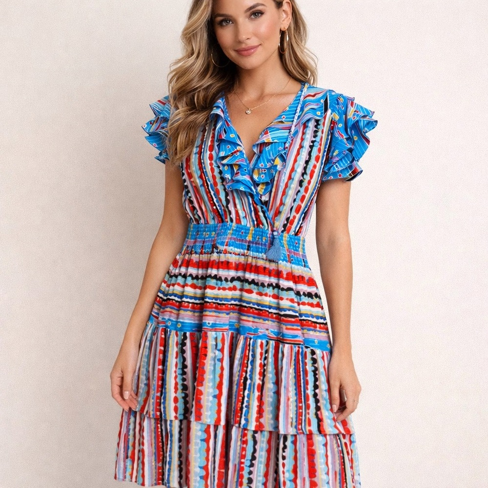 Vintage Diane Freis Multicolor Ruffle Tiered Dress — Size 4